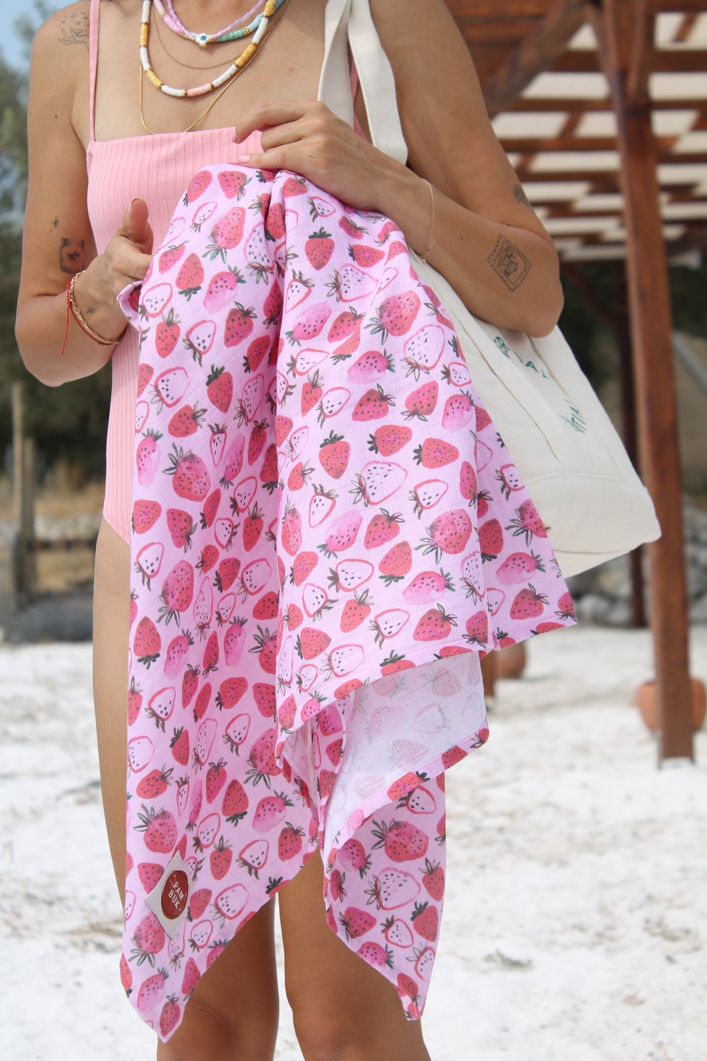 Peshtemal Turkish Hammam Beach Travel Gym Towel - Muslin Cloth - Very Berry Strawberry
