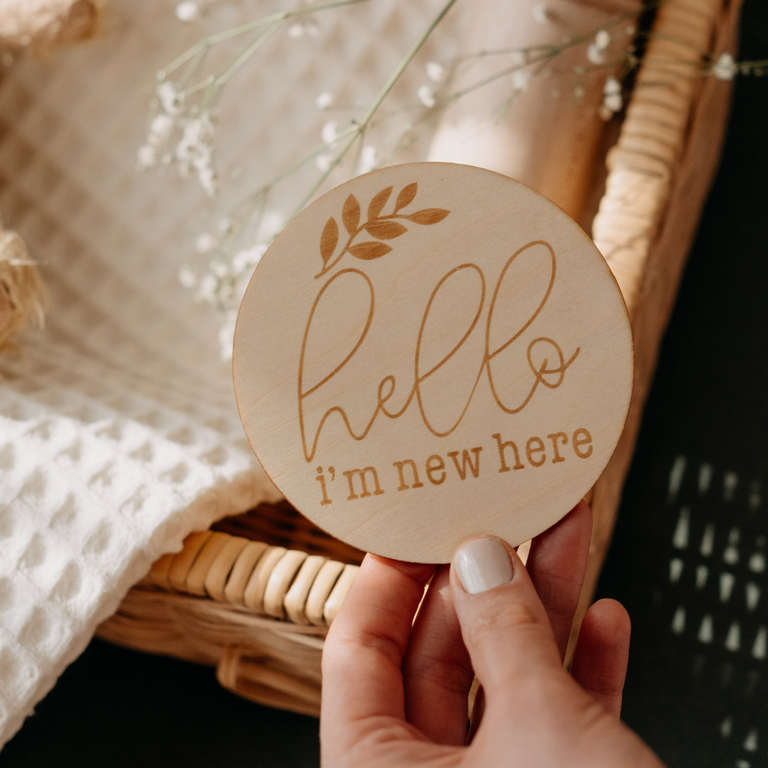 Wooden Baby Announcement I`m New Here Engraved Sign Plaque