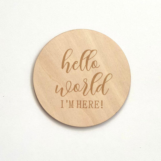 Wooden Baby Announcement Hello World I`m Here Engraved Sign Plaque