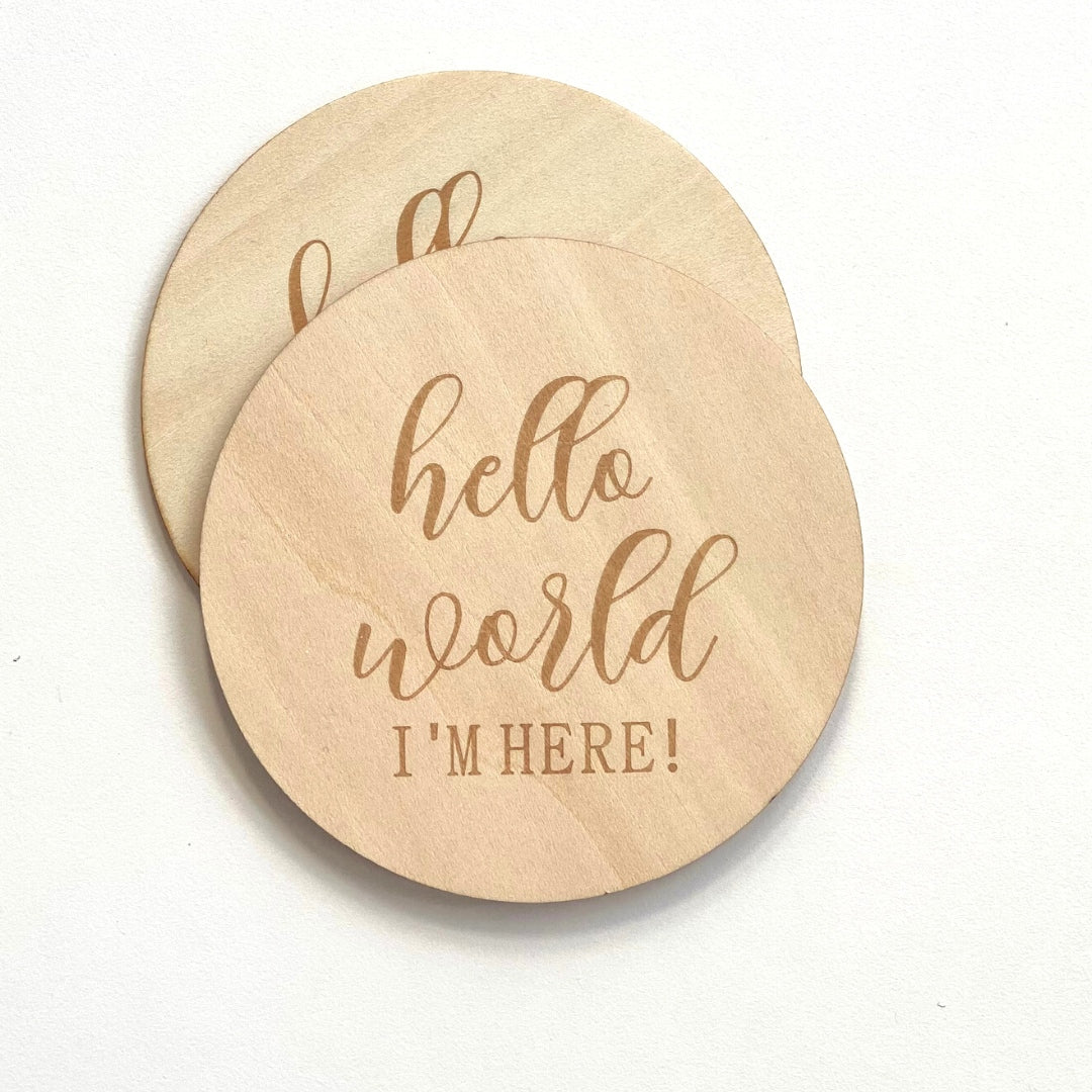 Wooden Baby Announcement Hello World I`m Here Engraved Sign Plaque